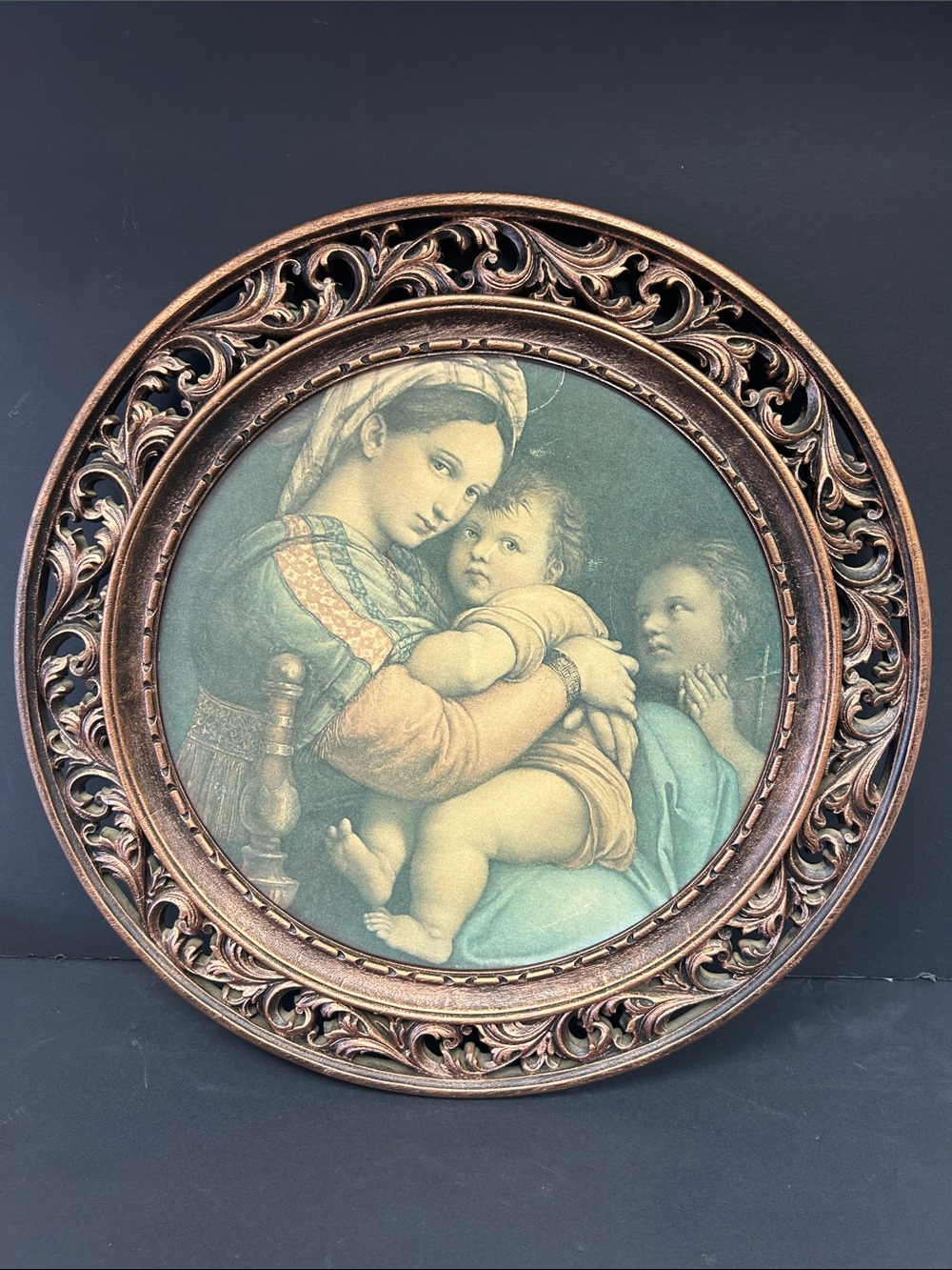 Vintage 70s Coppercraft Guild 16.5” copper look SYROCO framed Madonna & Child
